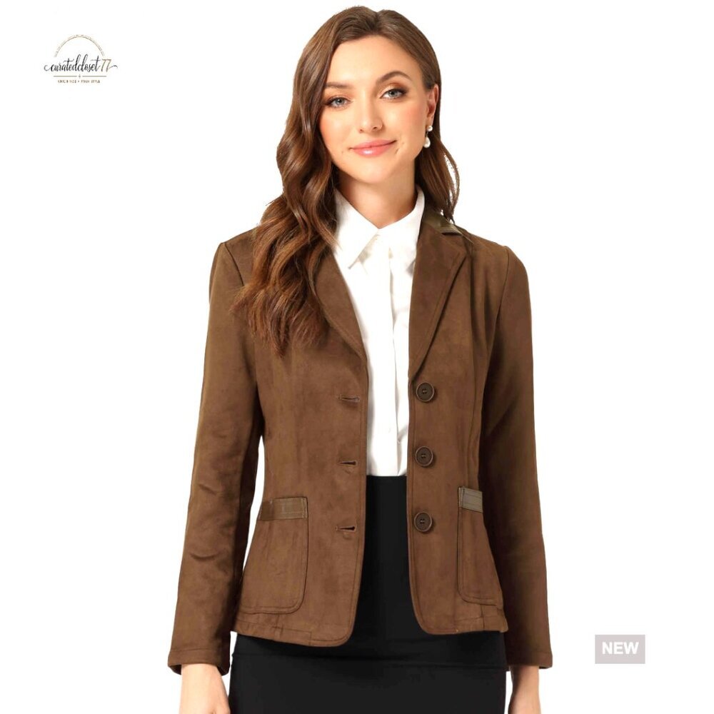Faux Suede Blazer Lapel Collar Button Front Long Sleeve Jacket